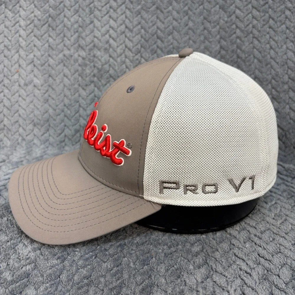 Titleist New Era Golf Hat Pro V1 Gray White Mesh Stretch Fit Medium-Large Cap